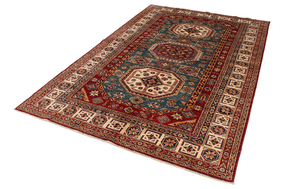 5x8 Green and Ivory Kazak Tribal Rug