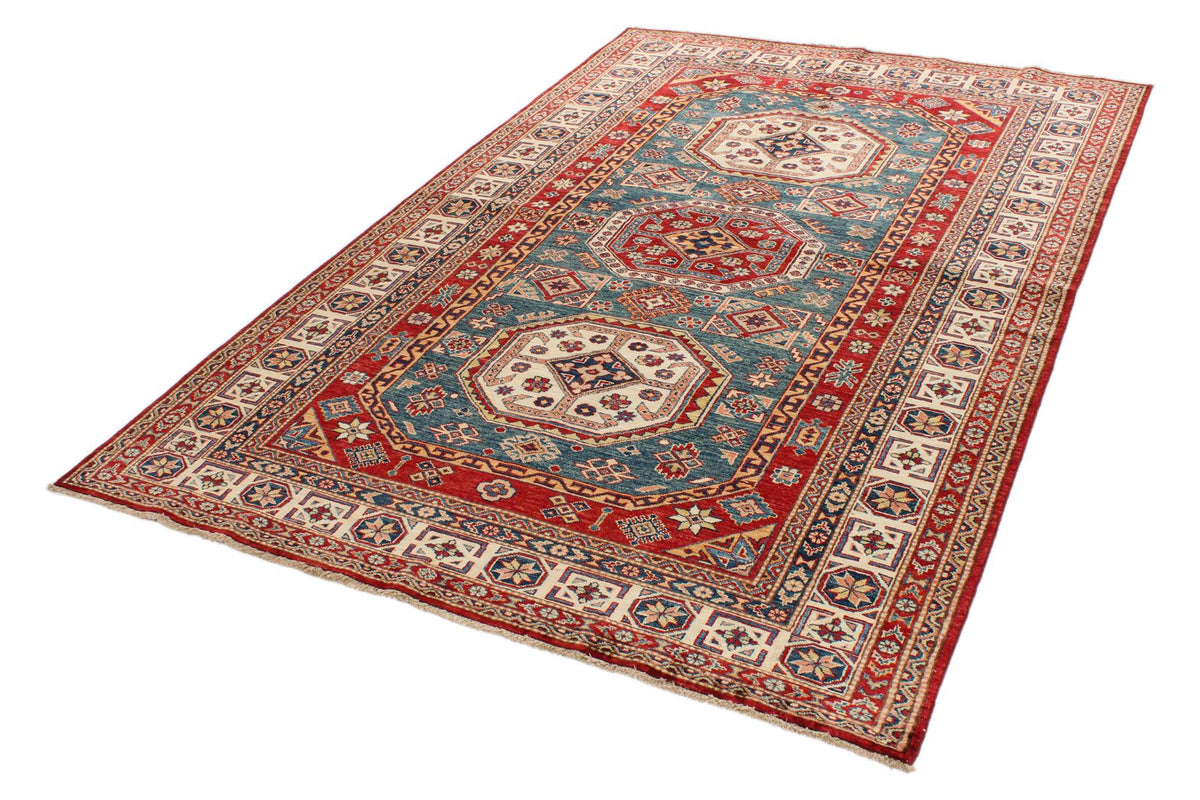 5x8 Green and Ivory Kazak Tribal Rug