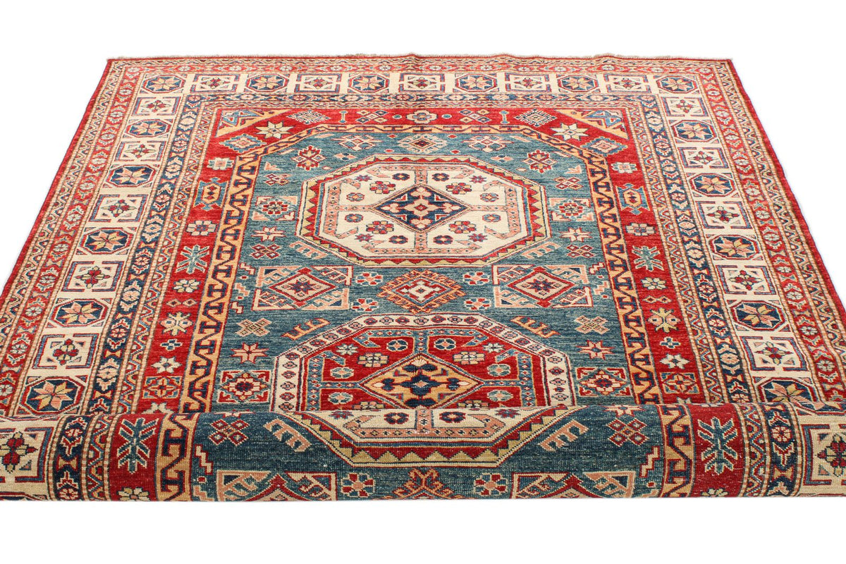 5x8 Green and Ivory Kazak Tribal Rug