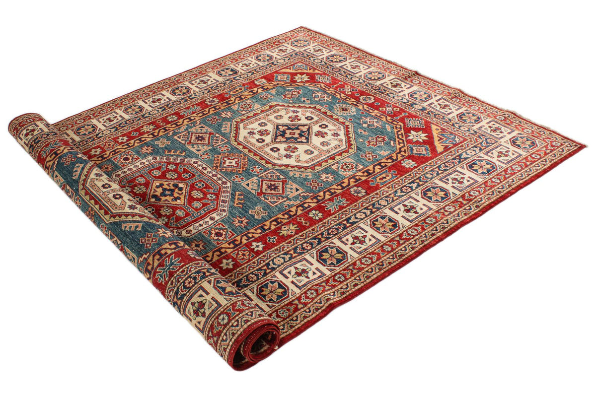 5x8 Green and Ivory Kazak Tribal Rug