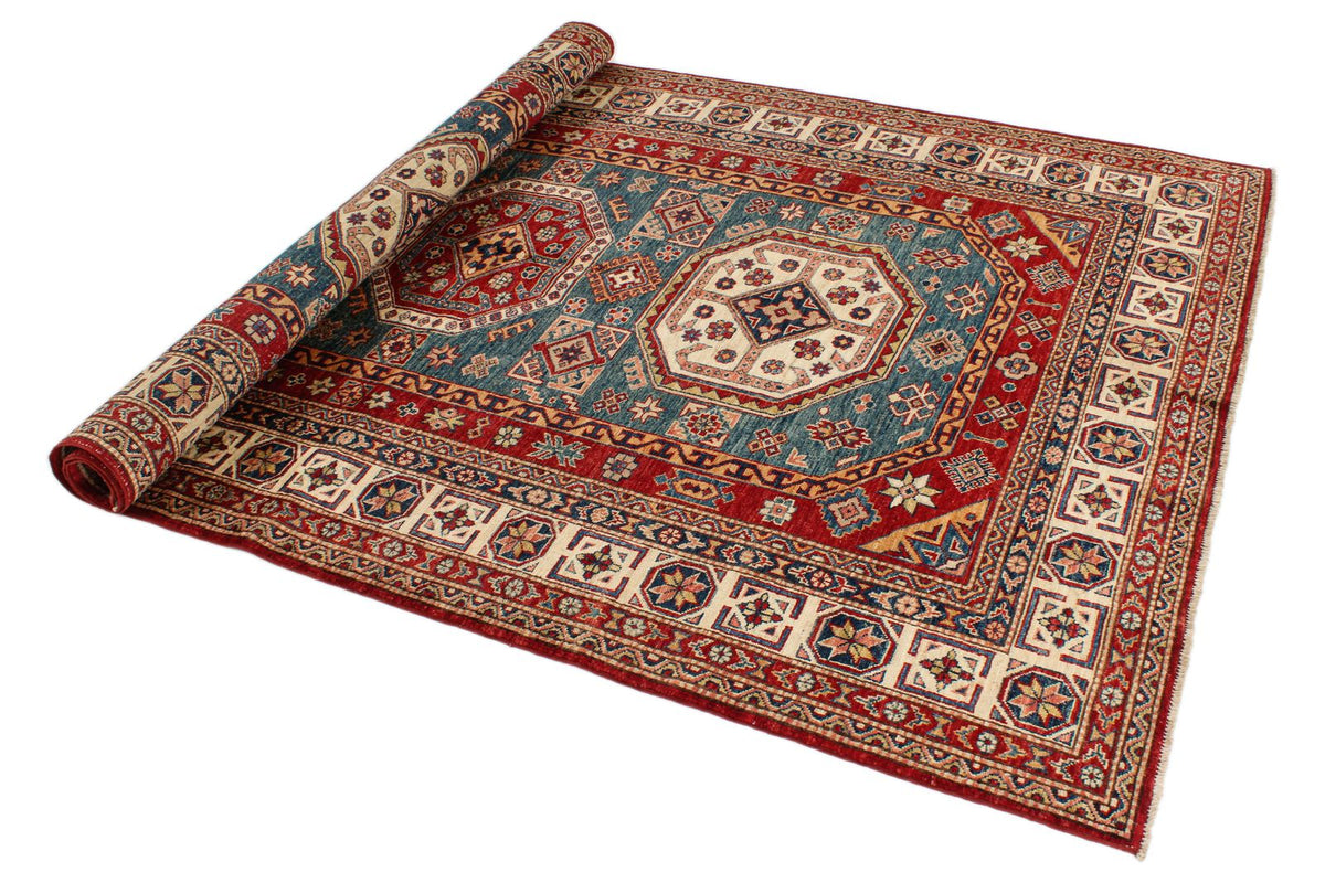 5x8 Green and Ivory Kazak Tribal Rug