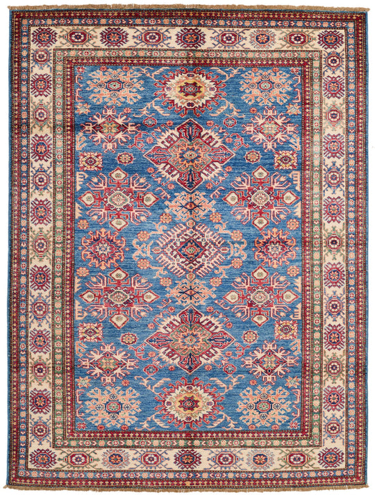 6x8 Blue and Ivory Kazak Tribal Rug