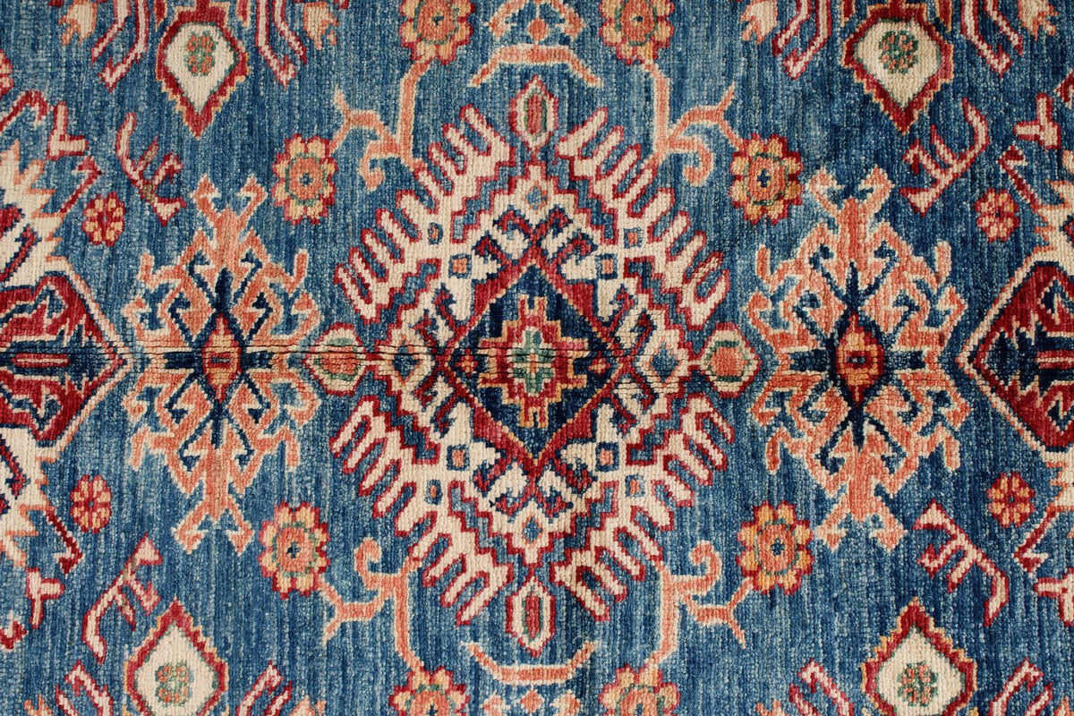 6x8 Blue and Ivory Kazak Tribal Rug