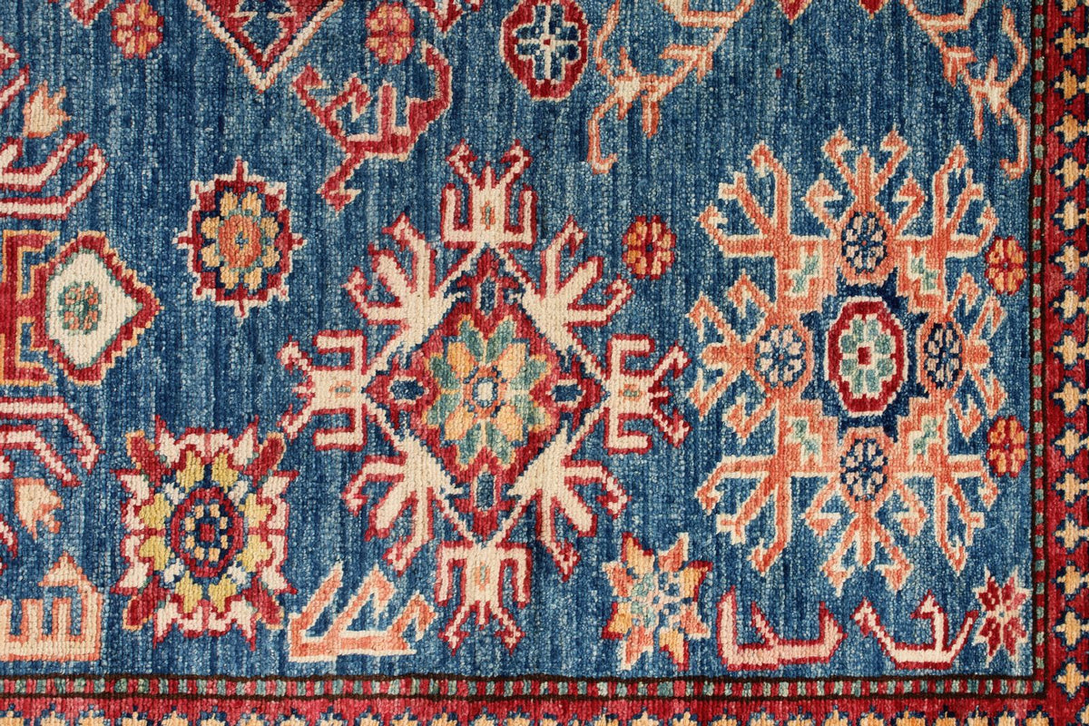 6x8 Blue and Ivory Kazak Tribal Rug