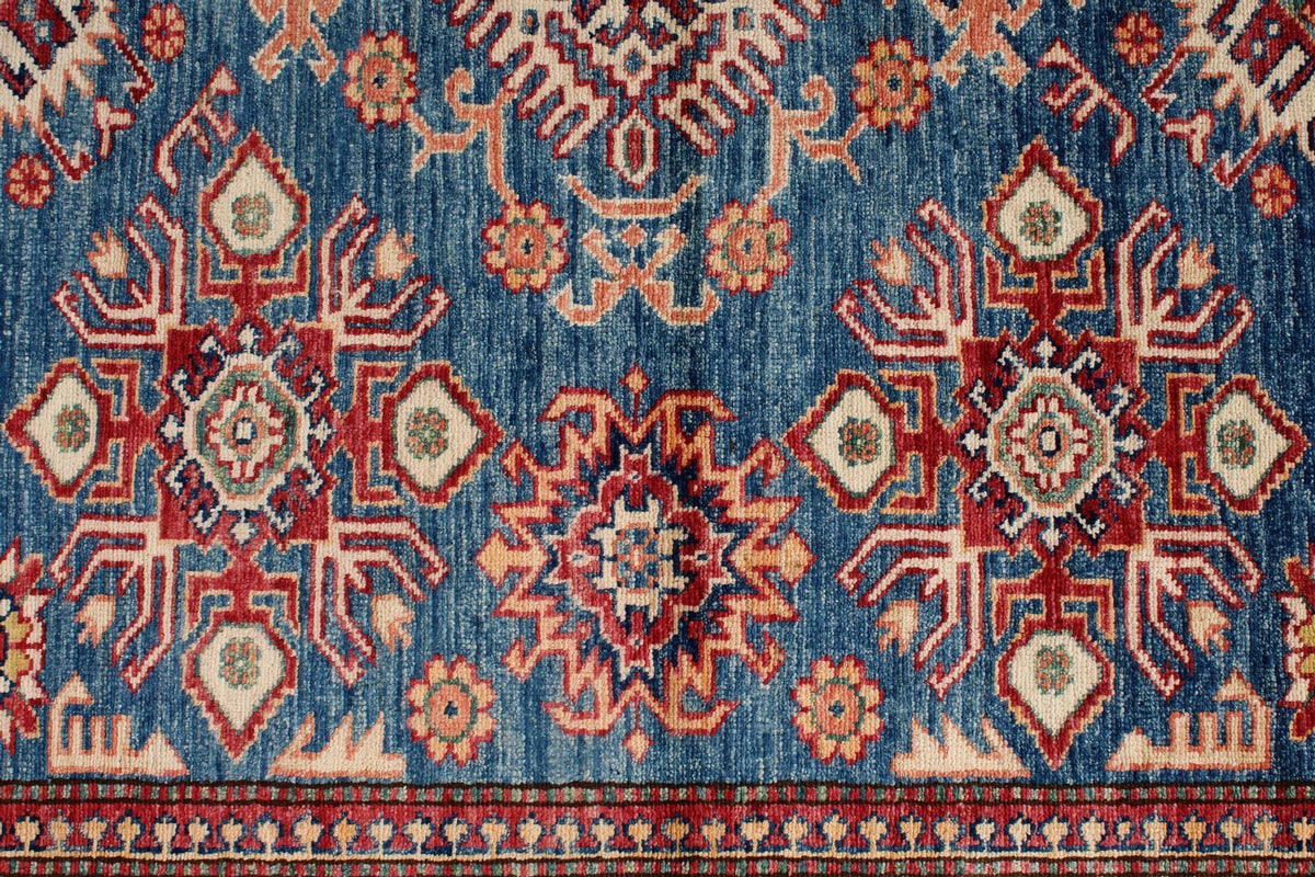 6x8 Blue and Ivory Kazak Tribal Rug