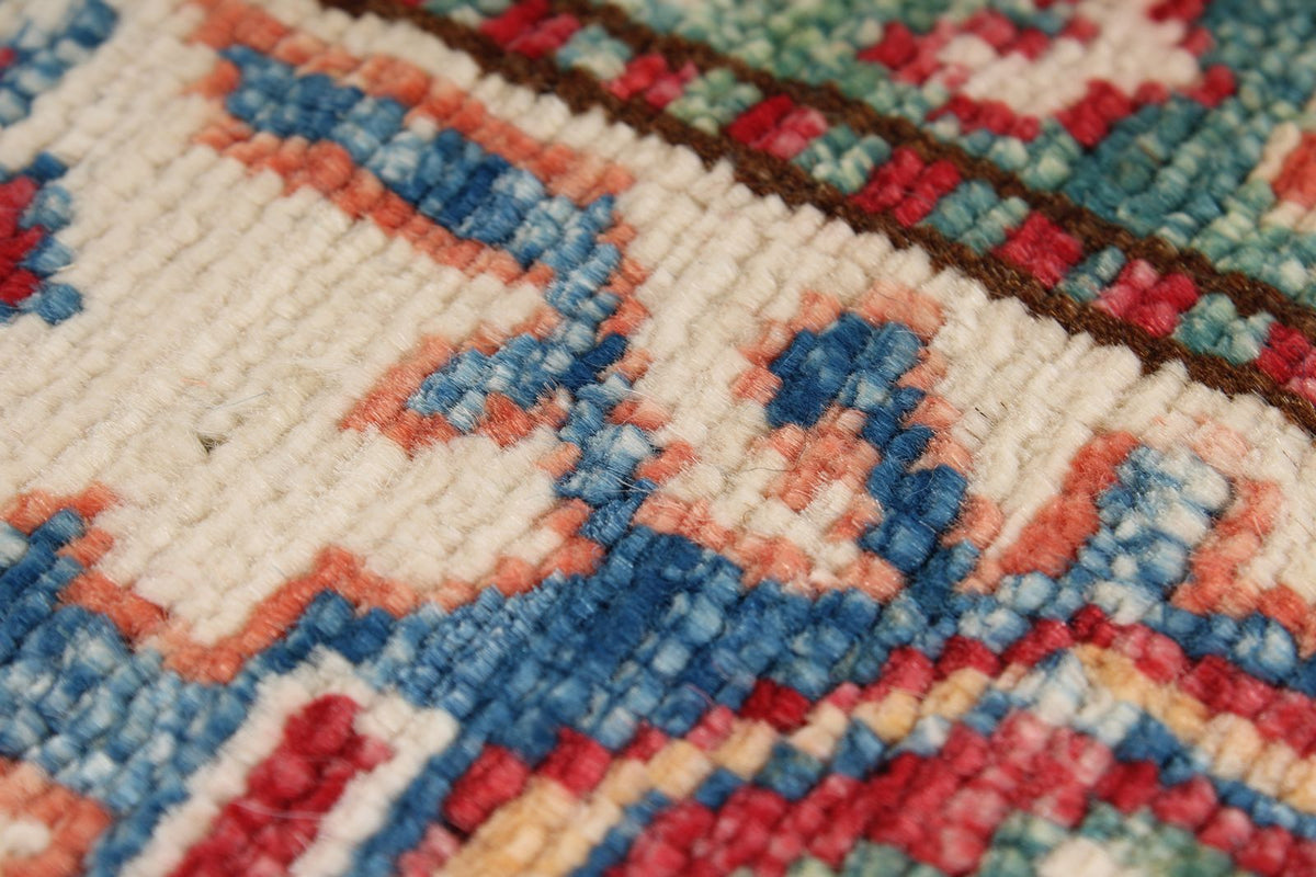 6x8 Blue and Ivory Kazak Tribal Rug