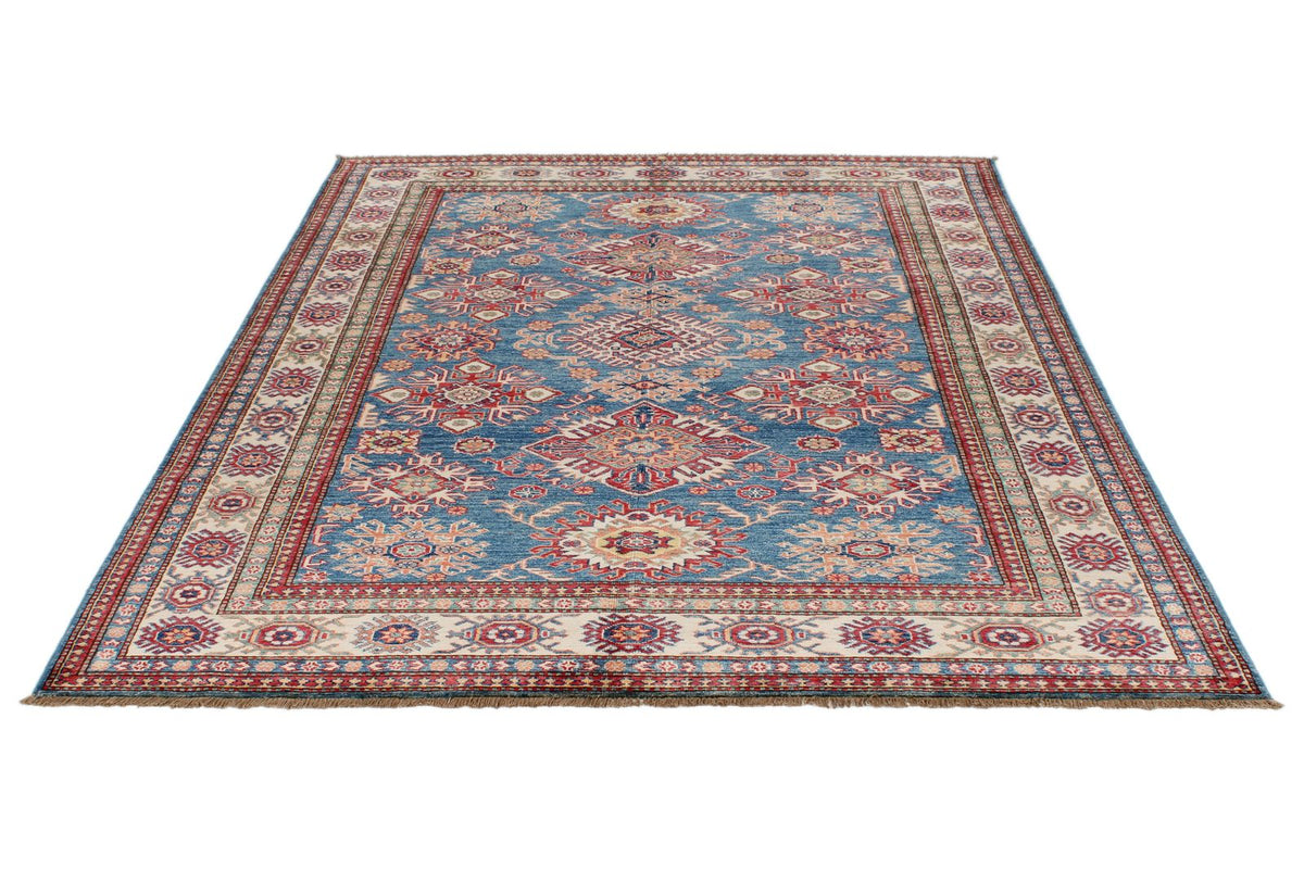 6x8 Blue and Ivory Kazak Tribal Rug