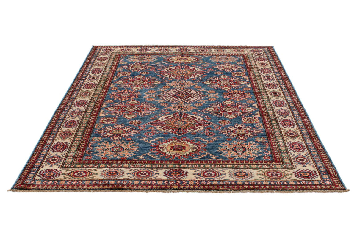 6x8 Blue and Ivory Kazak Tribal Rug