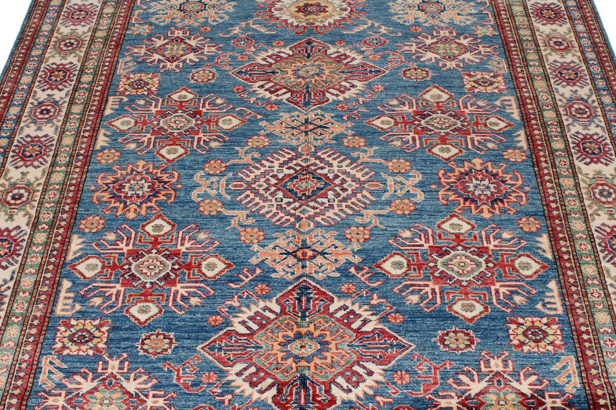 6x8 Blue and Ivory Kazak Tribal Rug