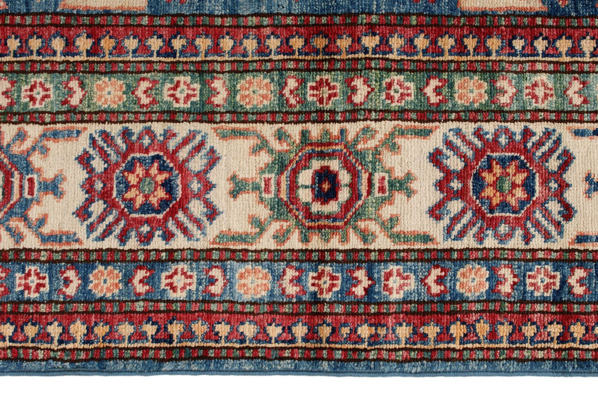6x8 Blue and Ivory Kazak Tribal Rug