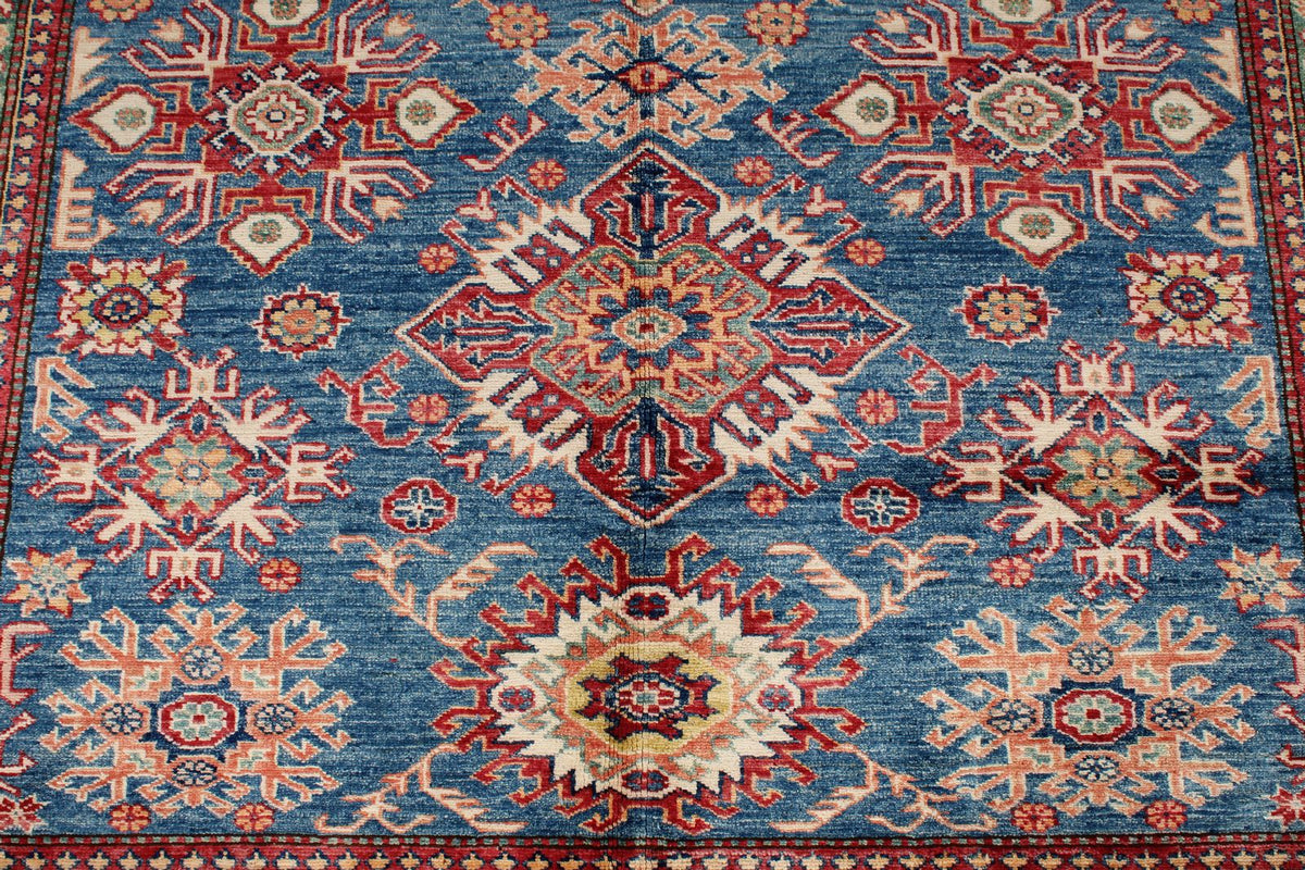 6x8 Blue and Ivory Kazak Tribal Rug