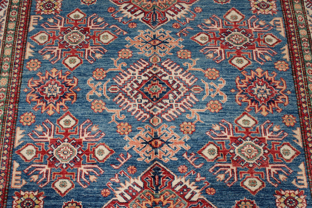6x8 Blue and Ivory Kazak Tribal Rug