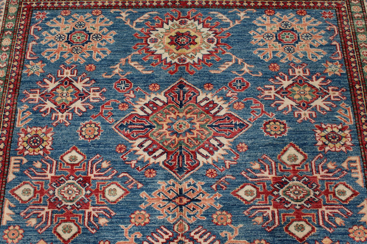 6x8 Blue and Ivory Kazak Tribal Rug