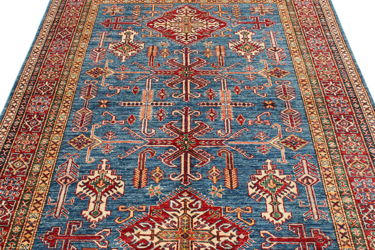 5x8 Blue and Red Kazak Tribal Rug