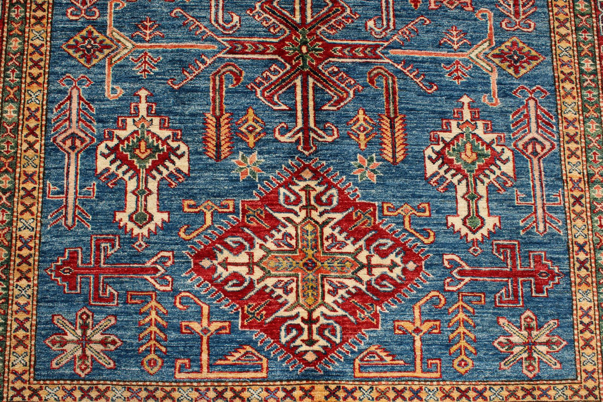 5x8 Blue and Red Kazak Tribal Rug