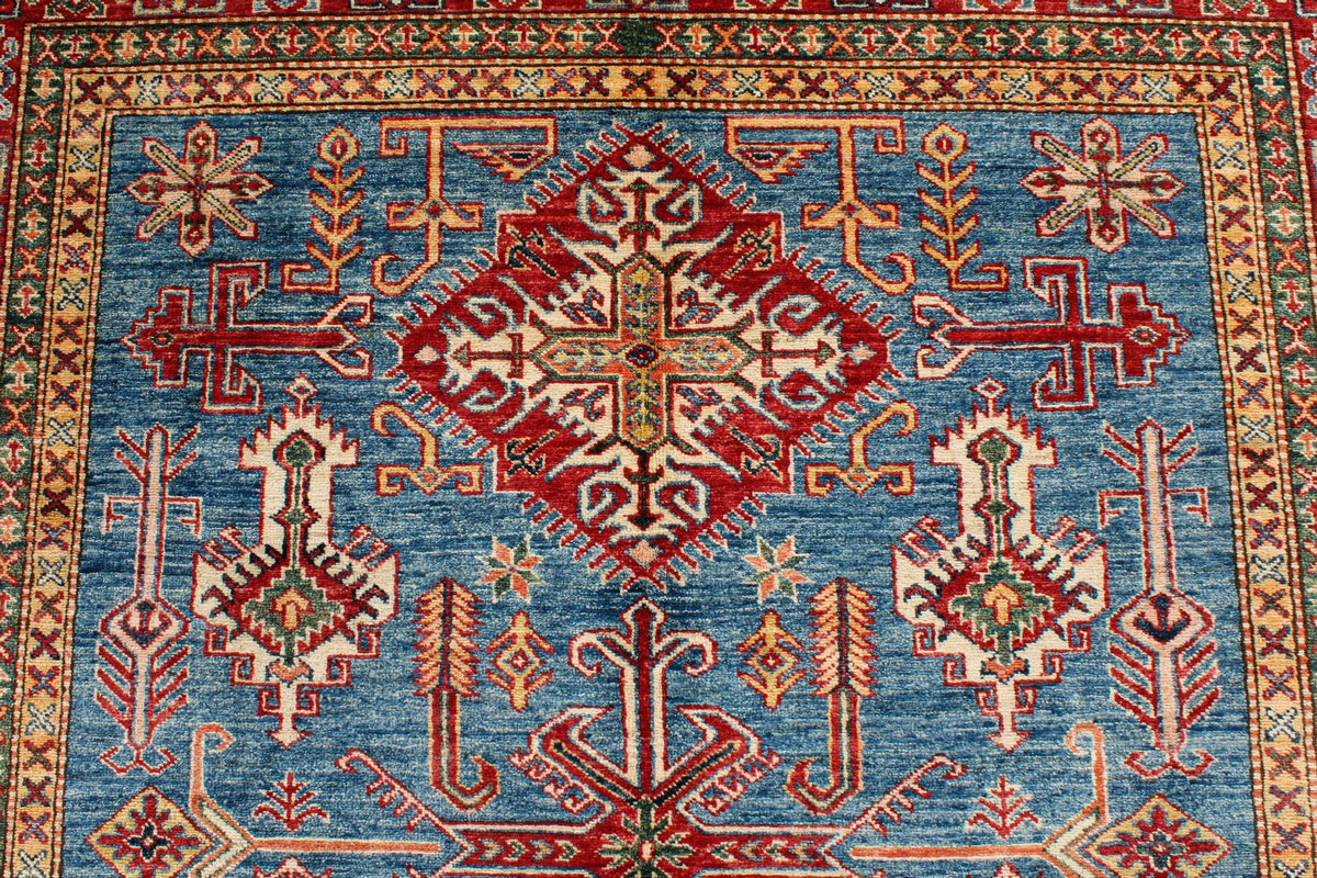5x8 Blue and Red Kazak Tribal Rug