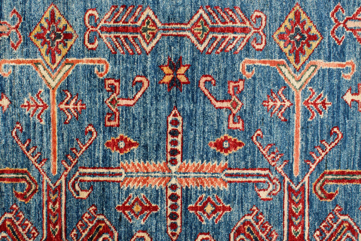 5x8 Blue and Red Kazak Tribal Rug