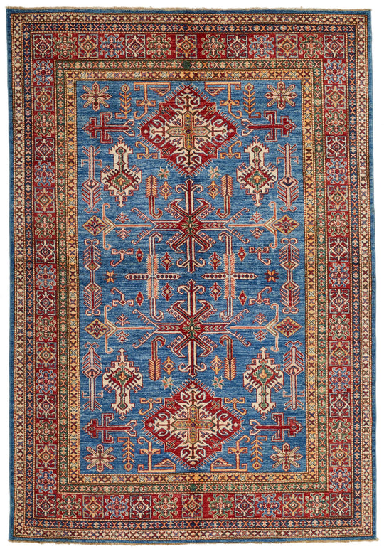5x8 Blue and Red Kazak Tribal Rug