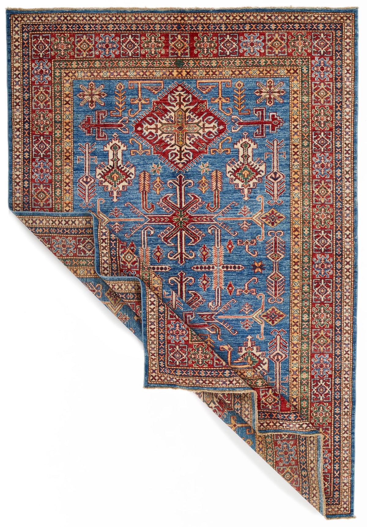 5x8 Blue and Red Kazak Tribal Rug