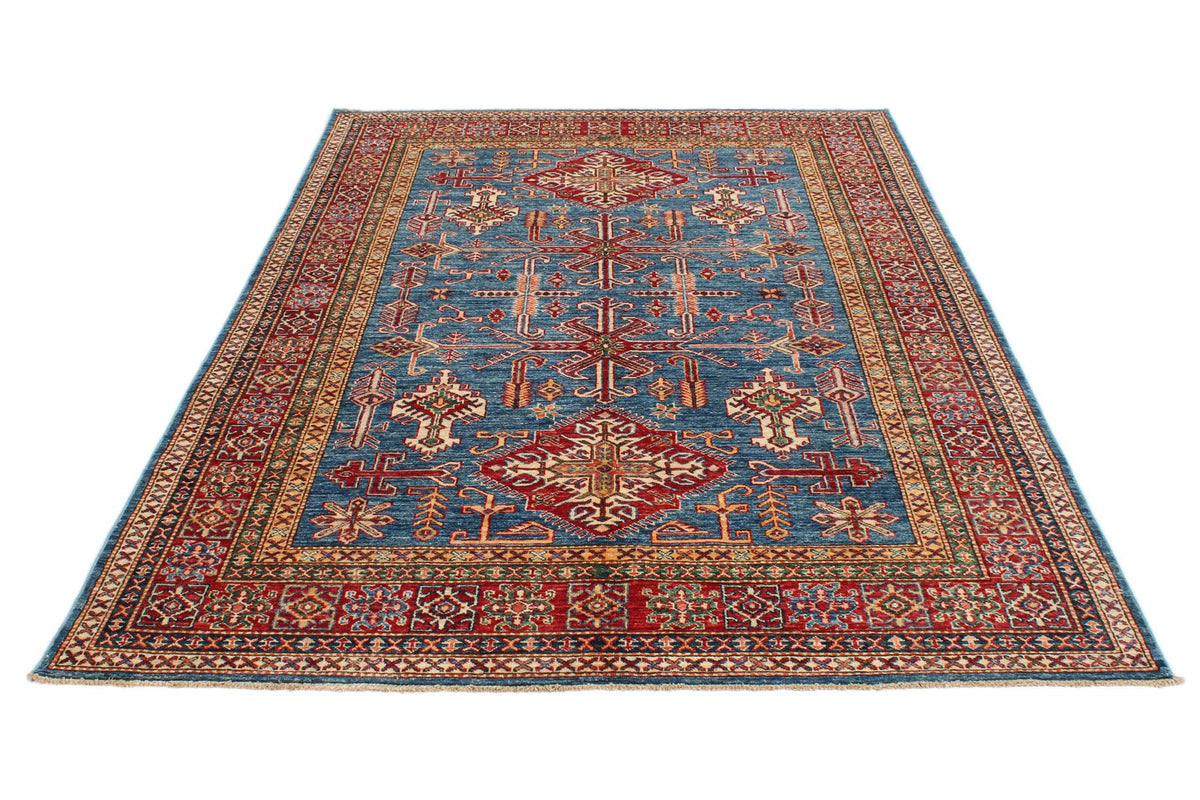 5x8 Blue and Red Kazak Tribal Rug