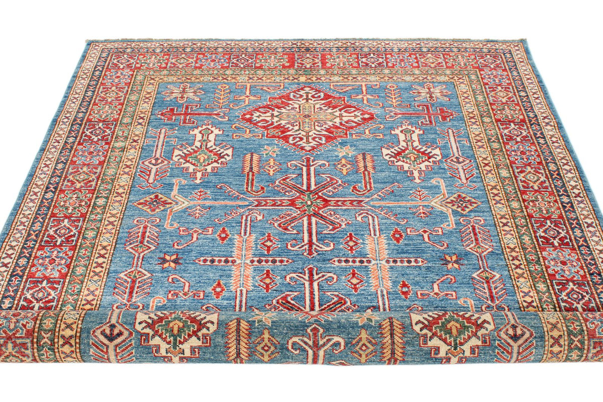 5x8 Blue and Red Kazak Tribal Rug