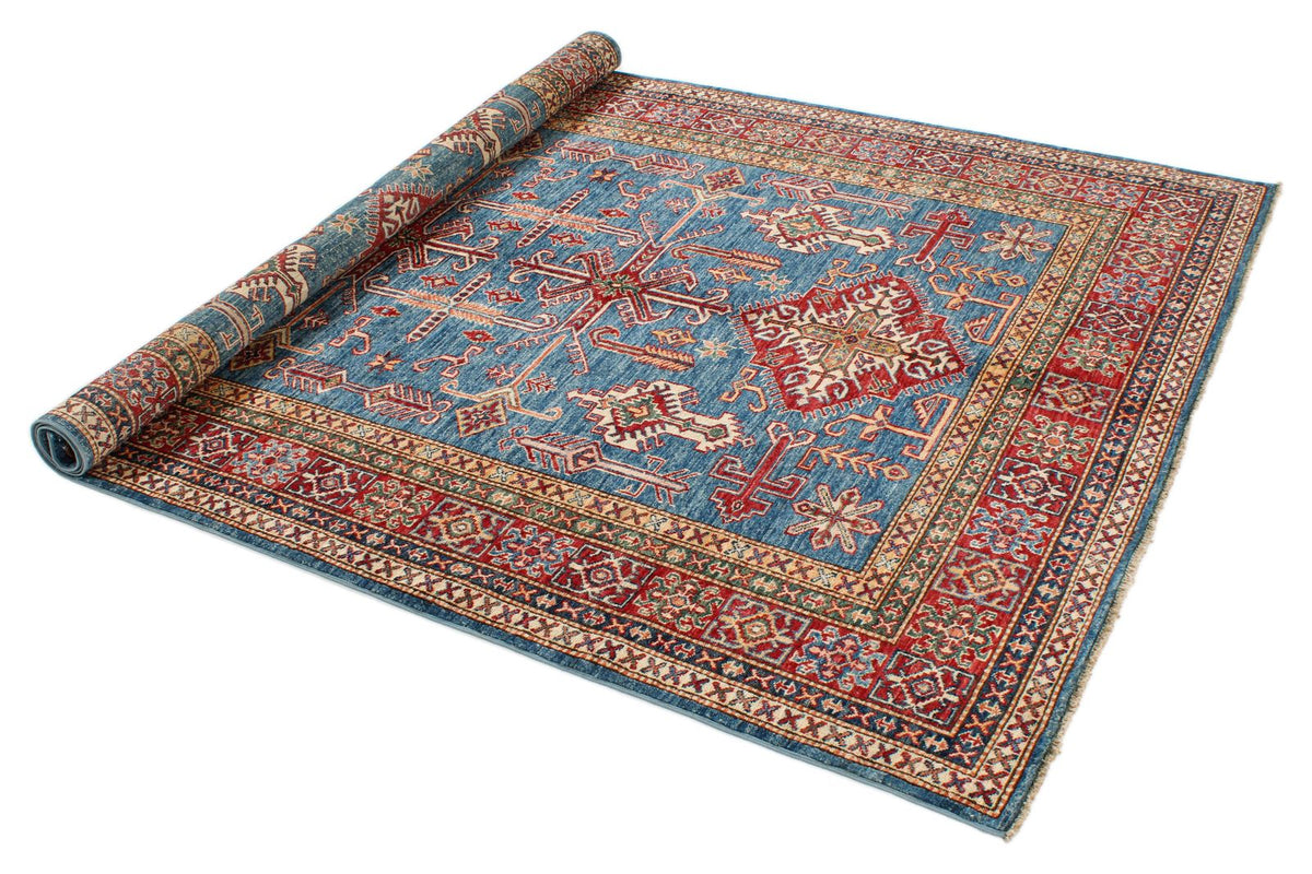 5x8 Blue and Red Kazak Tribal Rug
