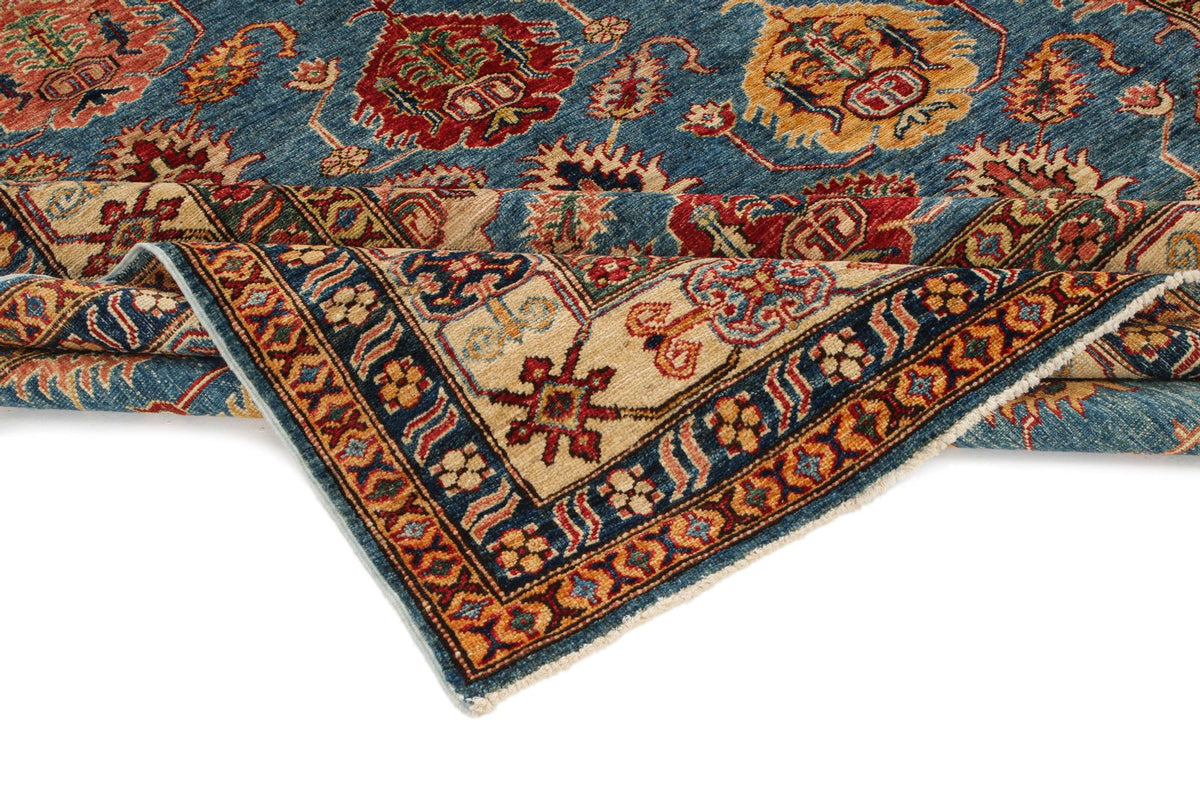 6x8 Blue and Ivory Kazak Tribal Rug