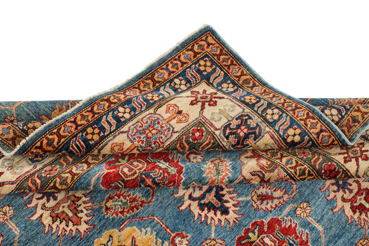 6x8 Blue and Ivory Kazak Tribal Rug