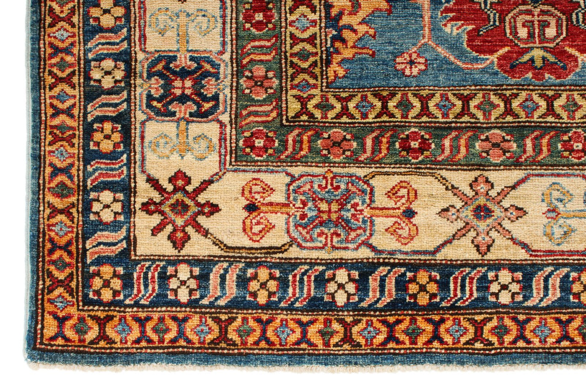 6x8 Blue and Ivory Kazak Tribal Rug