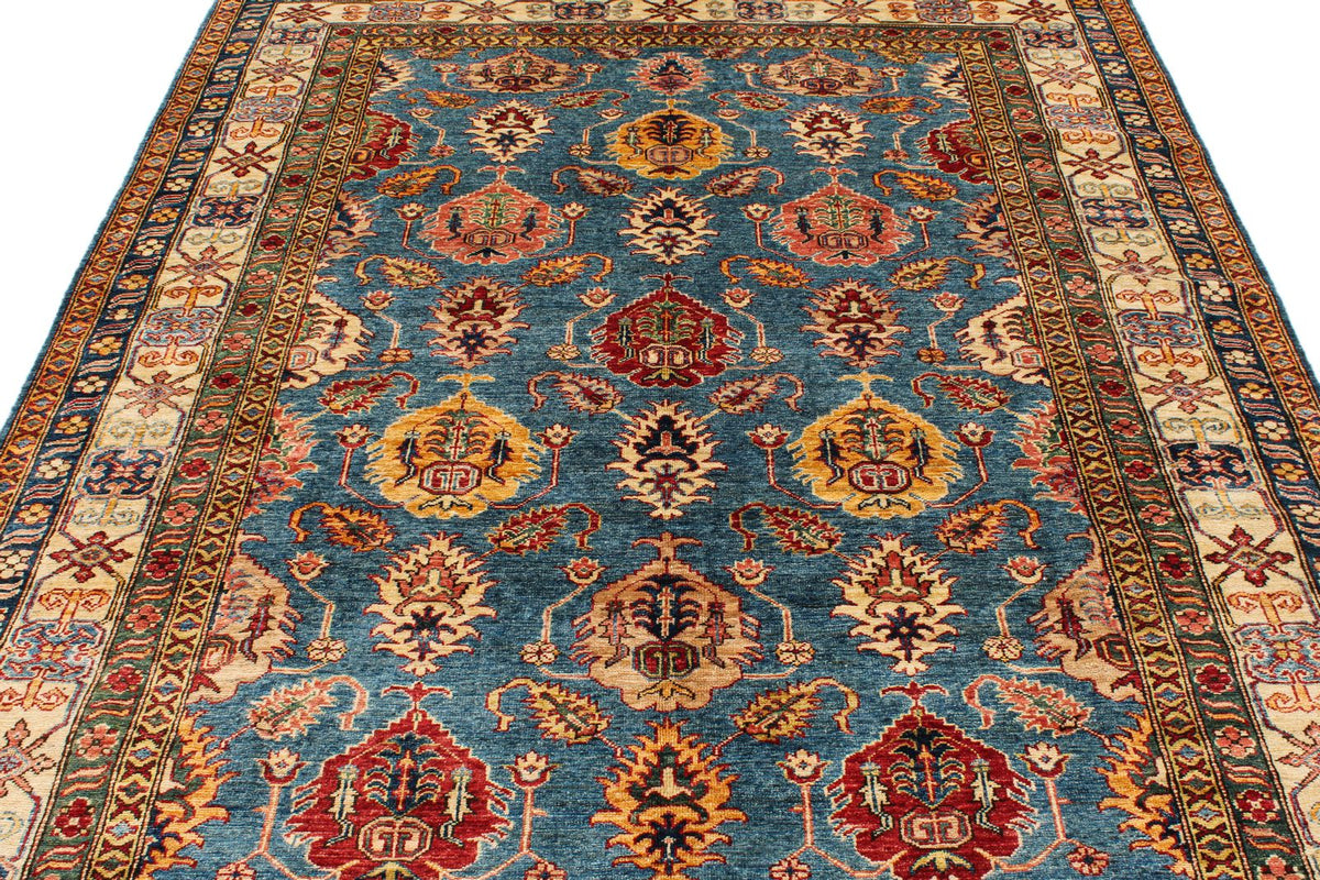 6x8 Blue and Ivory Kazak Tribal Rug