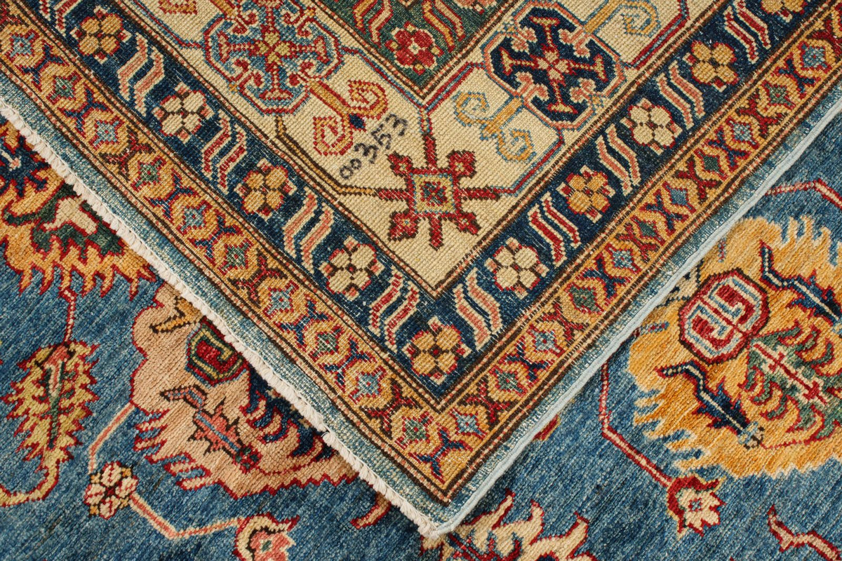 6x8 Blue and Ivory Kazak Tribal Rug