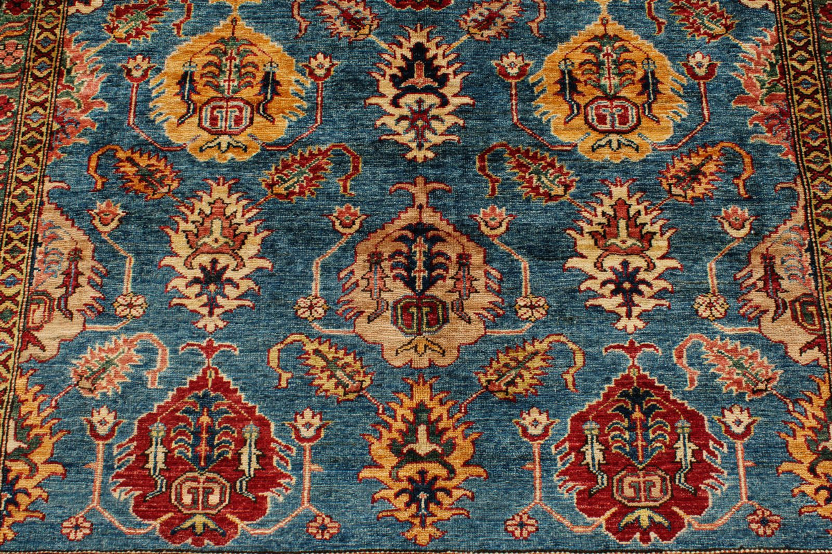 6x8 Blue and Ivory Kazak Tribal Rug