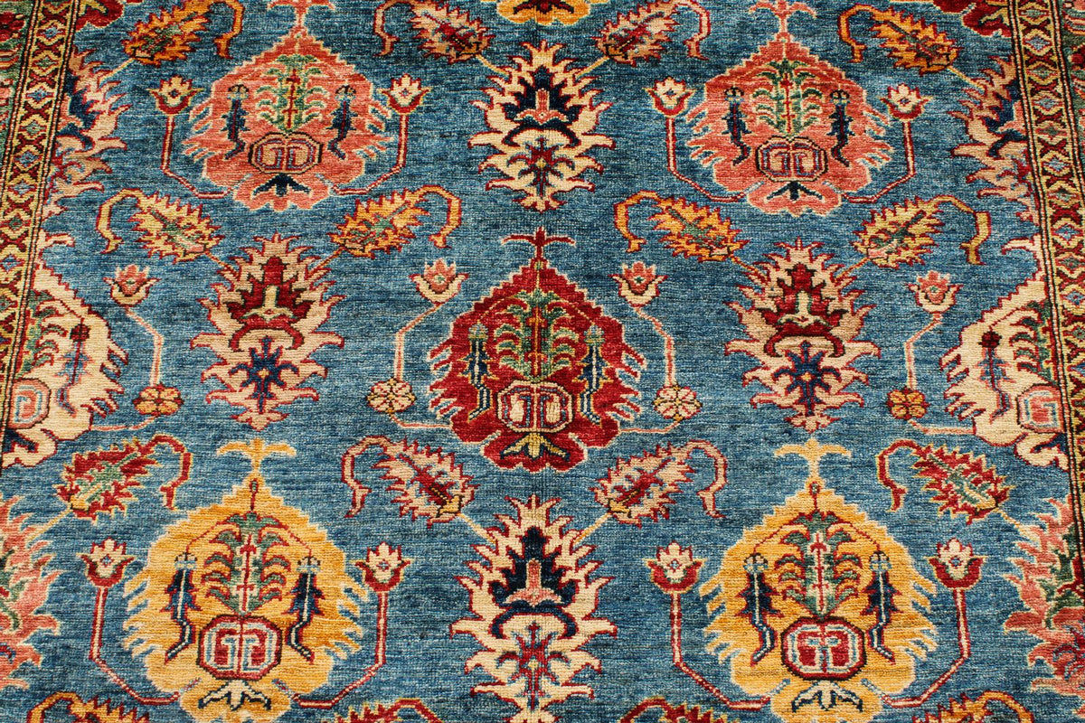 6x8 Blue and Ivory Kazak Tribal Rug