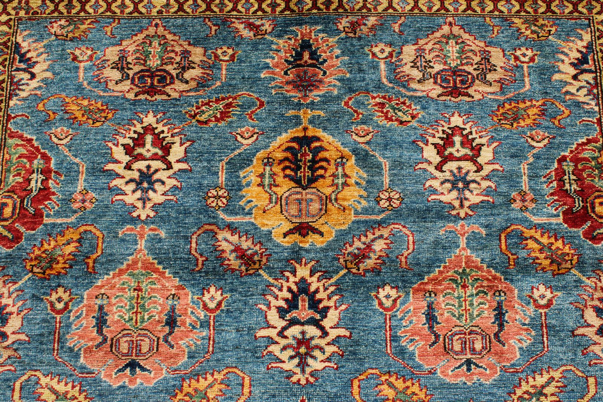 6x8 Blue and Ivory Kazak Tribal Rug