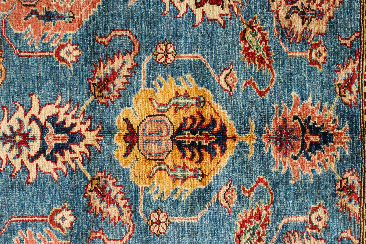 6x8 Blue and Ivory Kazak Tribal Rug