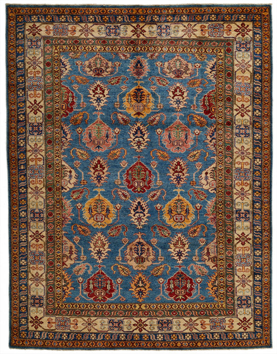 6x8 Blue and Ivory Kazak Tribal Rug