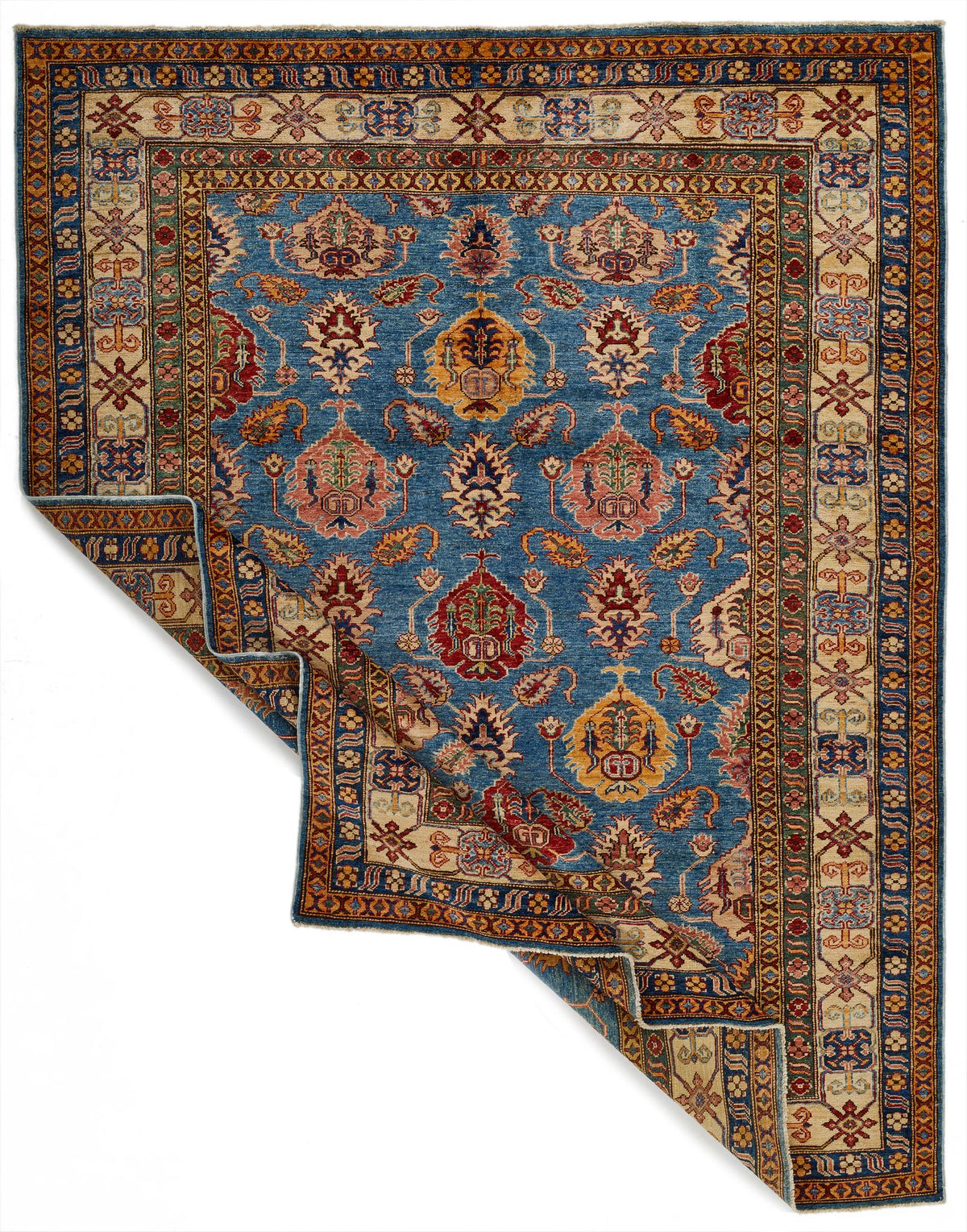 6x8 Blue and Ivory Kazak Tribal Rug