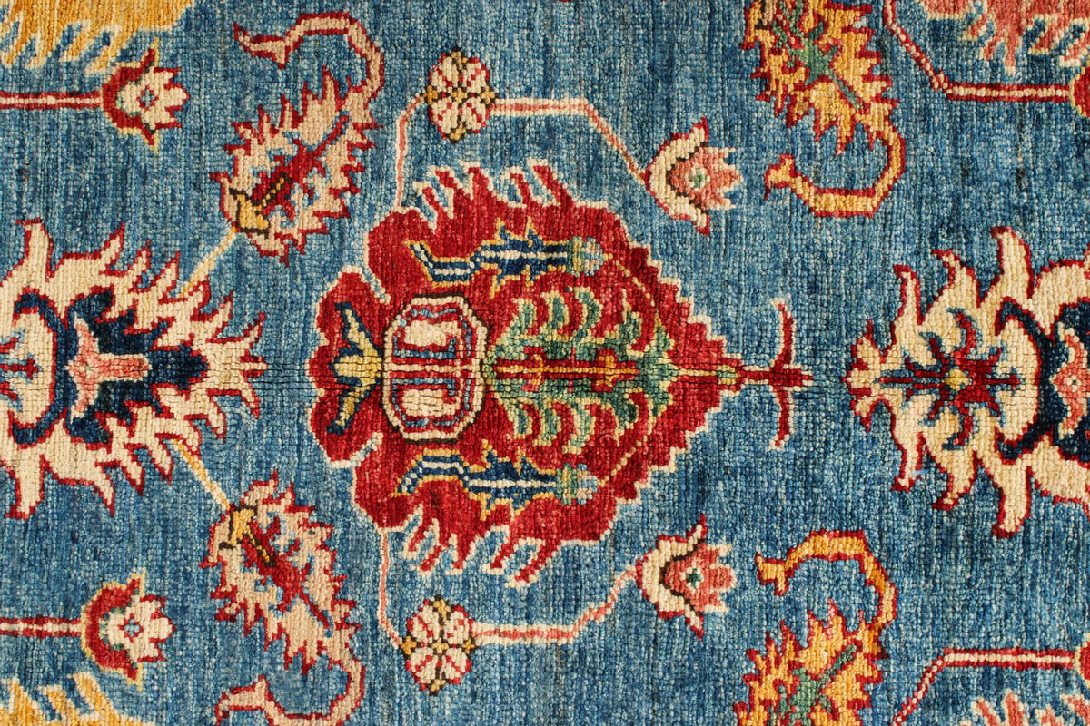 6x8 Blue and Ivory Kazak Tribal Rug