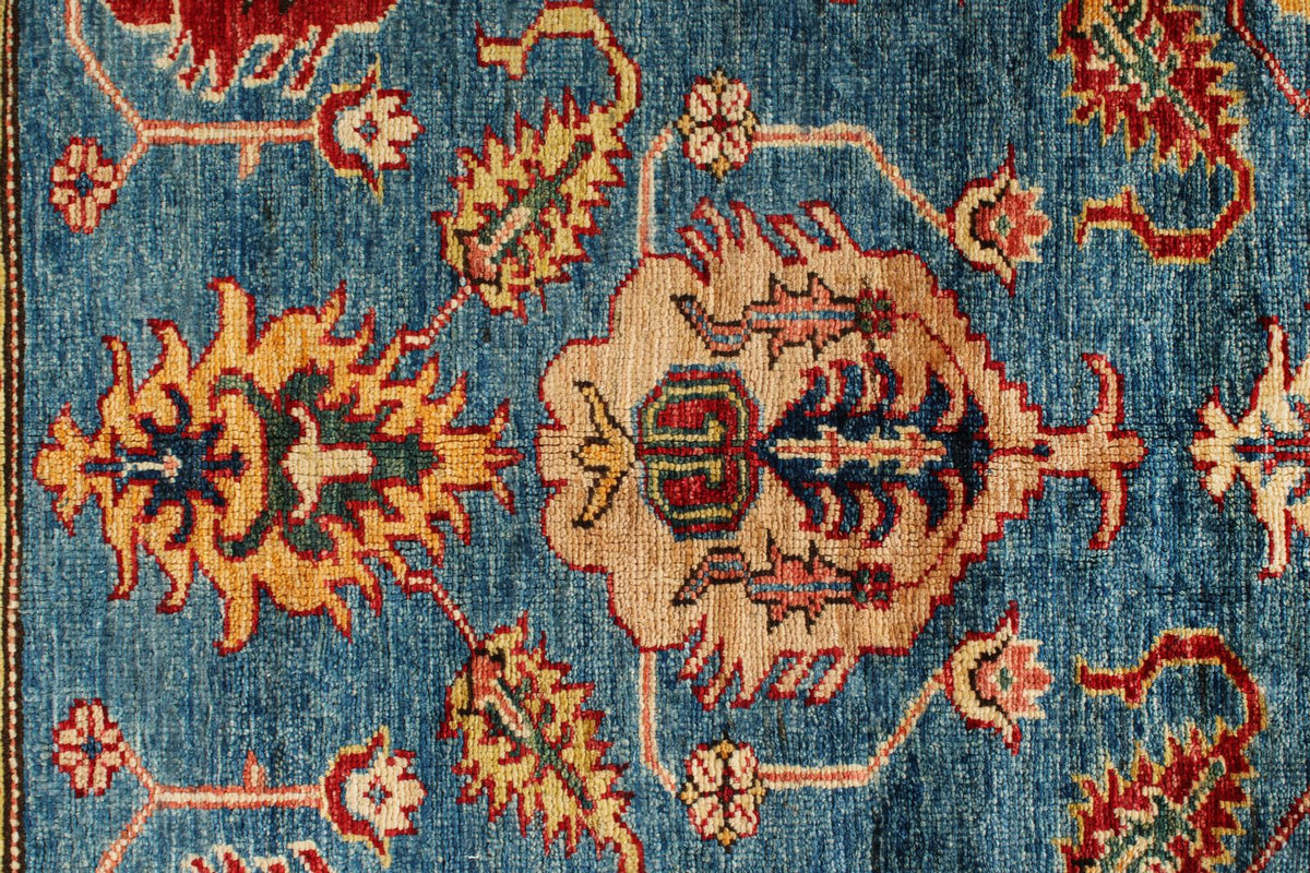 6x8 Blue and Ivory Kazak Tribal Rug