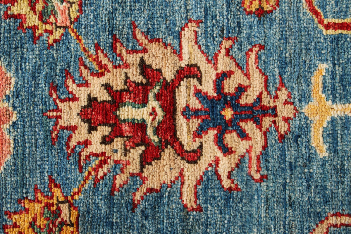 6x8 Blue and Ivory Kazak Tribal Rug