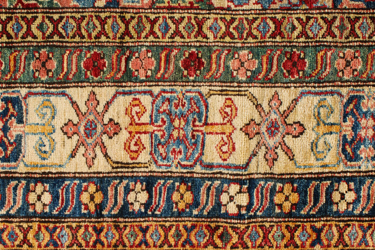 6x8 Blue and Ivory Kazak Tribal Rug