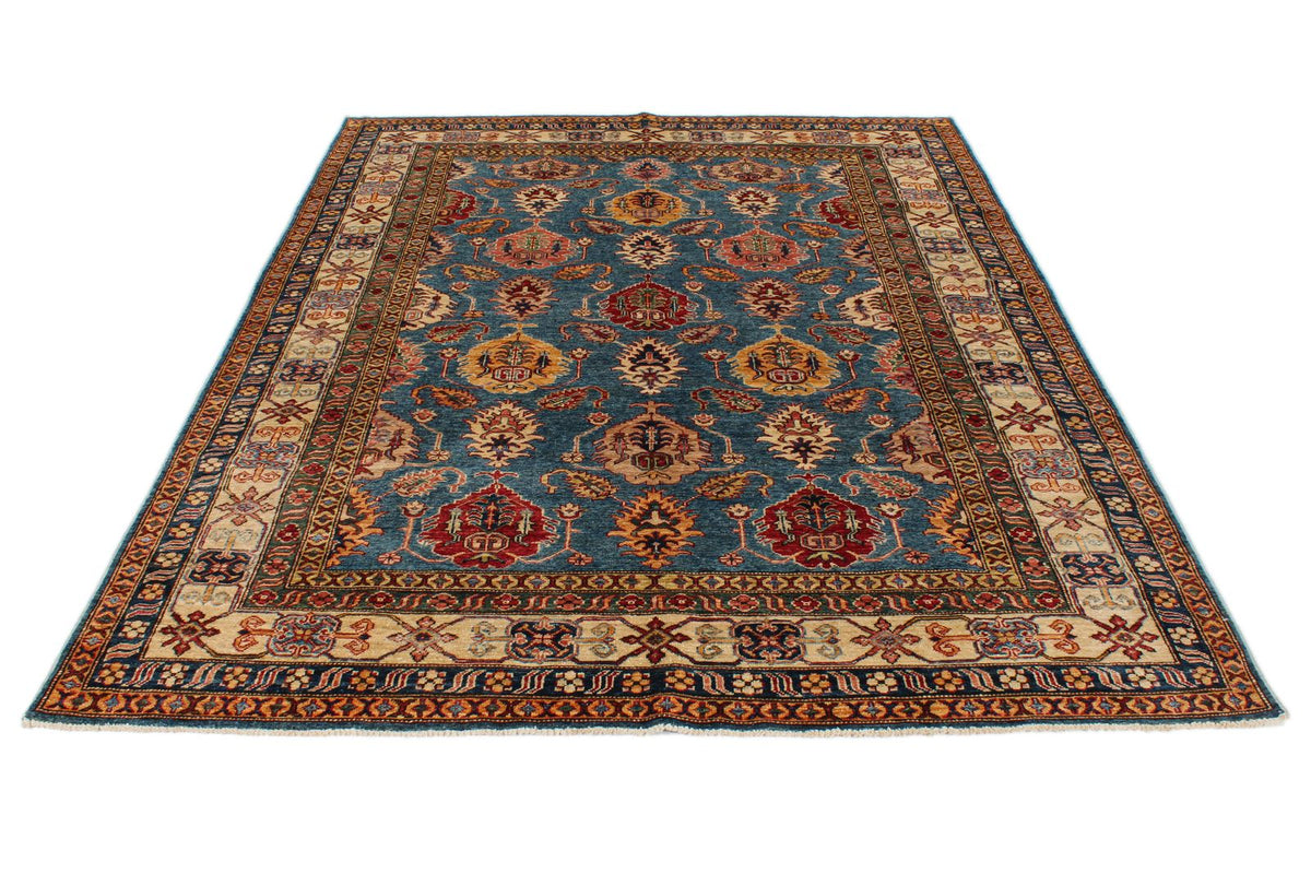 6x8 Blue and Ivory Kazak Tribal Rug