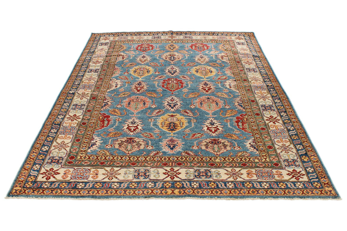 6x8 Blue and Ivory Kazak Tribal Rug