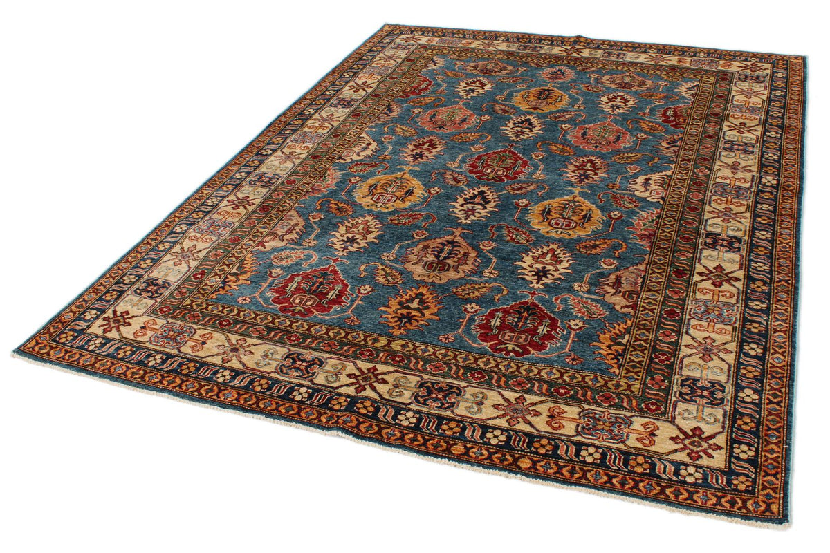 6x8 Blue and Ivory Kazak Tribal Rug