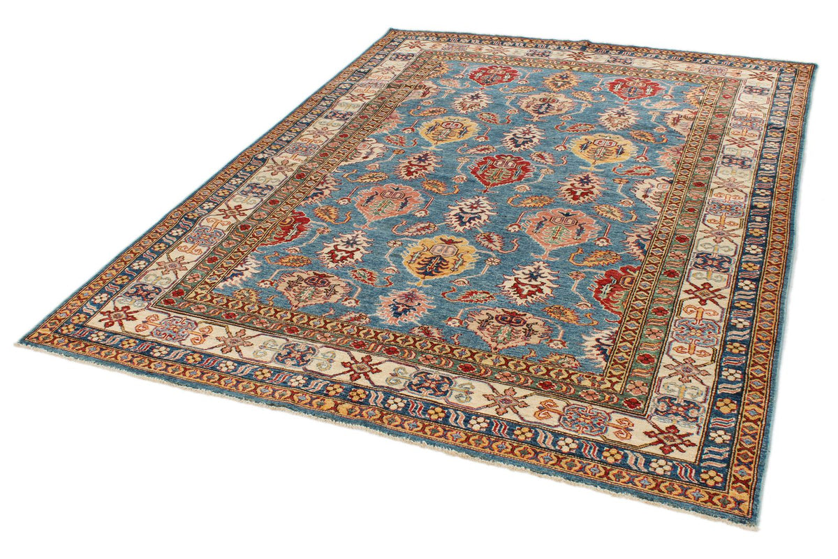 6x8 Blue and Ivory Kazak Tribal Rug