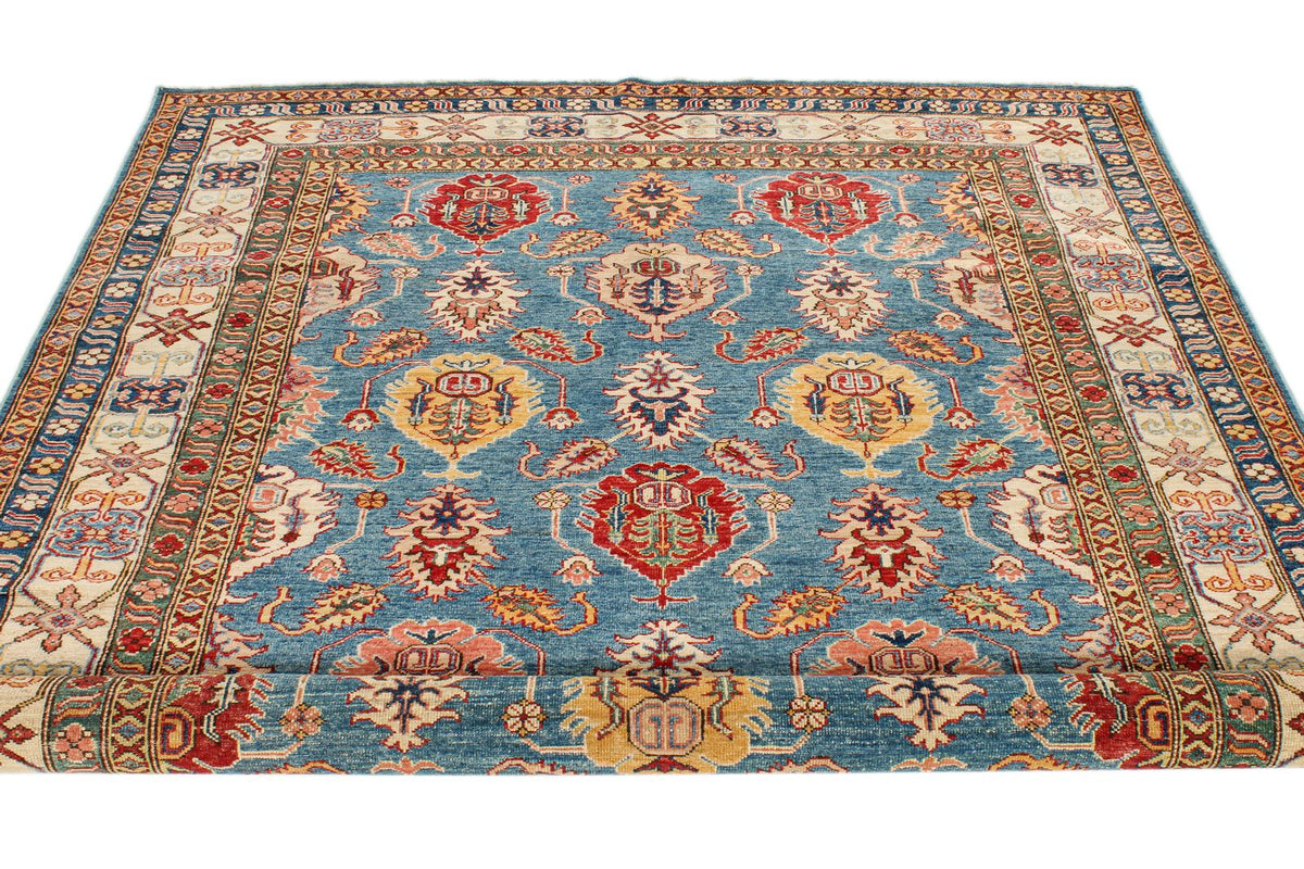 6x8 Blue and Ivory Kazak Tribal Rug