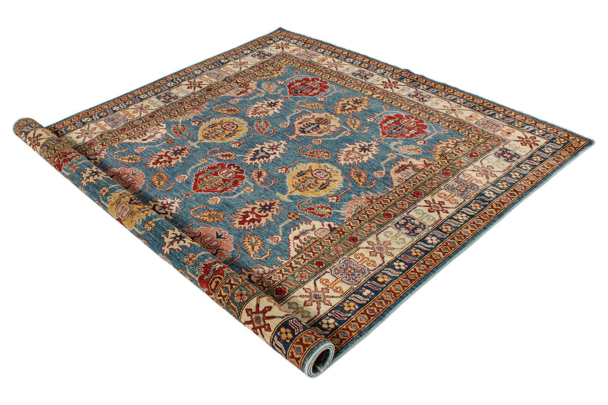 6x8 Blue and Ivory Kazak Tribal Rug