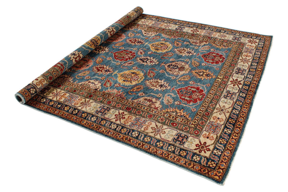6x8 Blue and Ivory Kazak Tribal Rug