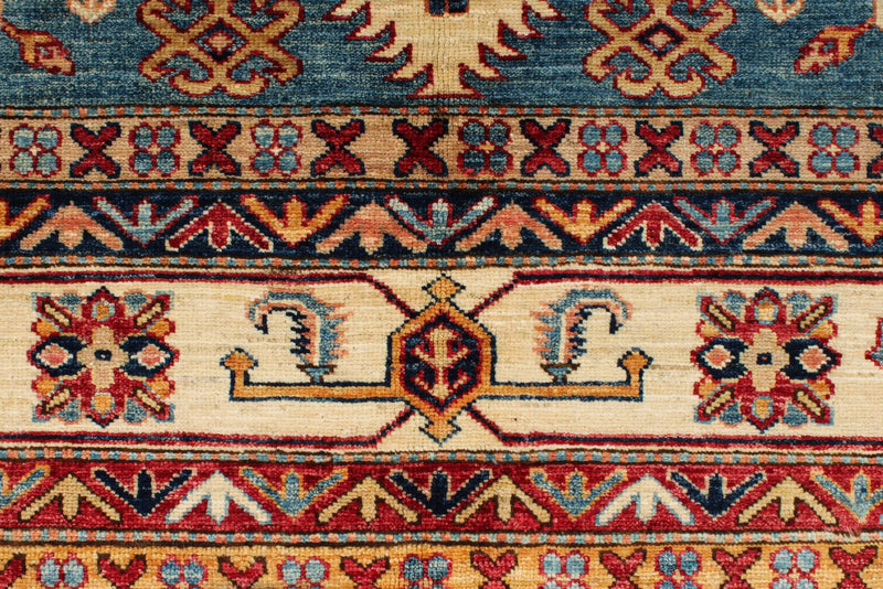 6x8 Blue and Ivory Kazak Tribal Rug