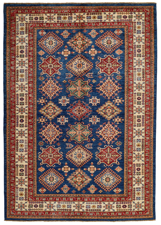 6x8 Navy and Ivory Kazak Tribal Rug